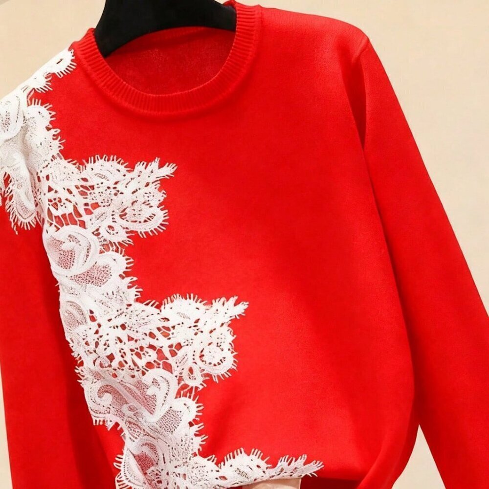 Red Classic Women's Crew Neck Sweater with Lace Trim
